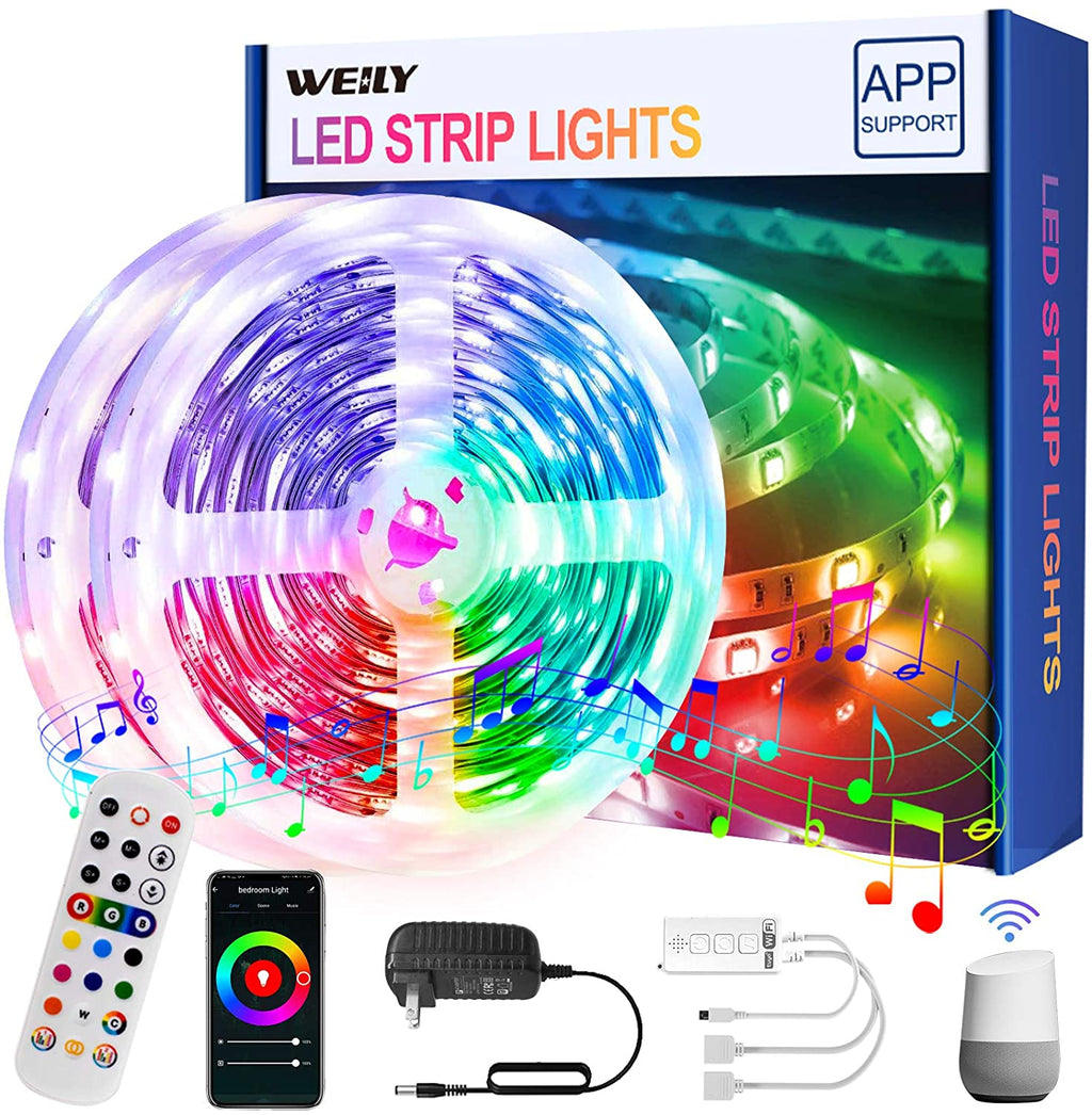 WEILY WiFi LED Strip Lights 65.6ft, 65.6ft(2x10M) Music Sync Smart APP Control RGB LED Light Strip Compatible with Alexa,Google Home
