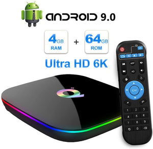 Android 9.0 TV Box, TUREWELL Allwinner H6 Quad Core 4GB RAM 64GB ROM Q Plus Android TV Box Support 3D 6K HD H.265 2.4GHz WiFi Ethernet HDMI DLNA USB 3.0 Smart TV Box