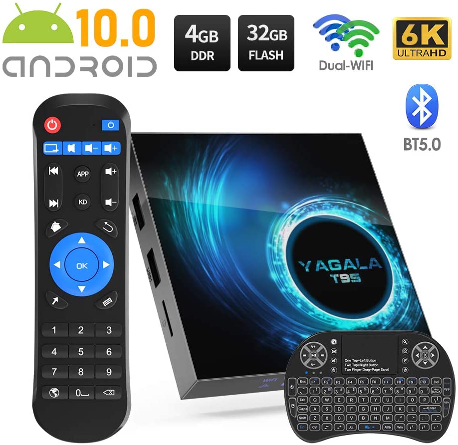 Android TV Box 10.0, T95 Quad-core 64 Bits 4GB RAM 32GB ROM 6K 3D 2.4/5.0GHz Dual WiFi BT5.0 Ethernet DLNA HDMI H.265 Smart TV Box with Mini Keyboard [2020 New]