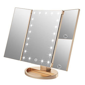 WEILY Makeup Vanity Mirror with 21 Led Lights, Trifold Dual Power Magnifying LED Lighted Cosmetic Mirrors (Gold)