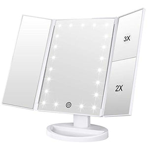 WEILY Makeup Vanity Mirror with 21 Led Lights, Trifold Dual Power Magnifying LED Lighted Cosmetic Mirrors (White)
