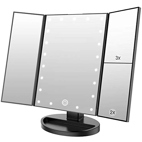WEILY Makeup Vanity Mirror with 21 Led Lights, Trifold Dual Power Magnifying LED Lighted Cosmetic Mirrors (Black)