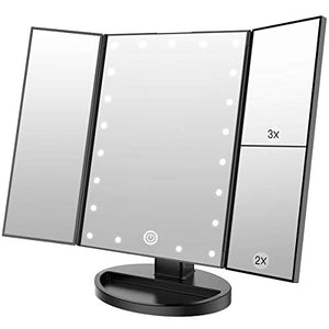 WEILY Makeup Vanity Mirror with 21 Led Lights, Trifold Dual Power Magnifying LED Lighted Cosmetic Mirrors (Black)