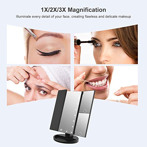 WEILY Makeup Vanity Mirror with 21 Led Lights, Trifold Dual Power Magnifying LED Lighted Cosmetic Mirrors (Black)