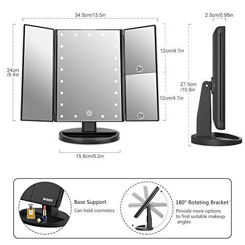 WEILY Makeup Vanity Mirror with 21 Led Lights, Trifold Dual Power Magnifying LED Lighted Cosmetic Mirrors (Black)