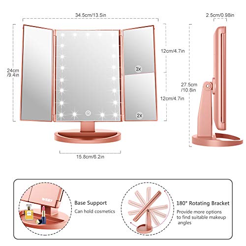 WEILY Lighted Makeup Mirror, Tri-fold Vanity Mirror with 1X/2X/3X Magnification Mirrors, 21 Natural LED Nights and Touch Screen, Chargeable Travel Cosmetic Mirror for Desktop (Rose Gold)