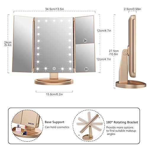 WEILY Makeup Vanity Mirror with 21 Led Lights, Trifold Dual Power Magnifying LED Lighted Cosmetic Mirrors (Gold)