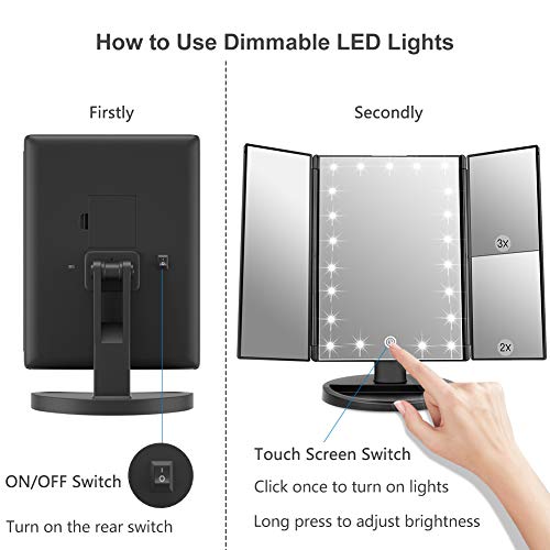 WEILY Makeup Vanity Mirror with 21 Led Lights, Trifold Dual Power Magnifying LED Lighted Cosmetic Mirrors (Black)