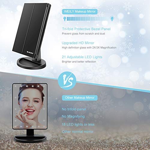WEILY Makeup Vanity Mirror with 21 Led Lights, Trifold Dual Power Magnifying LED Lighted Cosmetic Mirrors (Black)