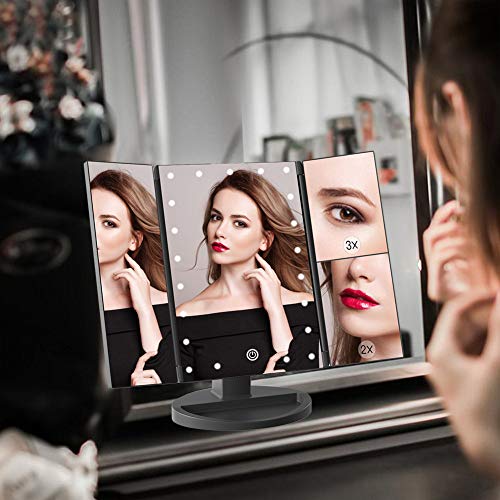 WEILY Makeup Vanity Mirror with 21 Led Lights, Trifold Dual Power Magnifying LED Lighted Cosmetic Mirrors (Black)