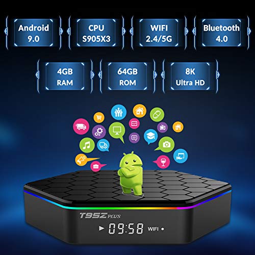 TV Box Android 9.0, TUREWELL T95Z Plus 4GB RAM 64GB ROM Android TV Box Amlogic S905X3 Quad-Core 64Bits Dual WiFi 2.4G/5GHz Bluetooth 4.0 3D 8K Ultra HD H.265 USB 3.0 Smart Media Player