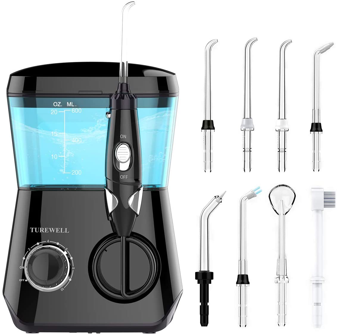 TUREWELL Water Flosser, Oral Irrigator 600ML, Dental Water Pick Teeth Cleaner 10 Adjustable Pressure, Electric Water Flossers for Teeth/Braces, 8 Water Jet Tips for Family(Black)