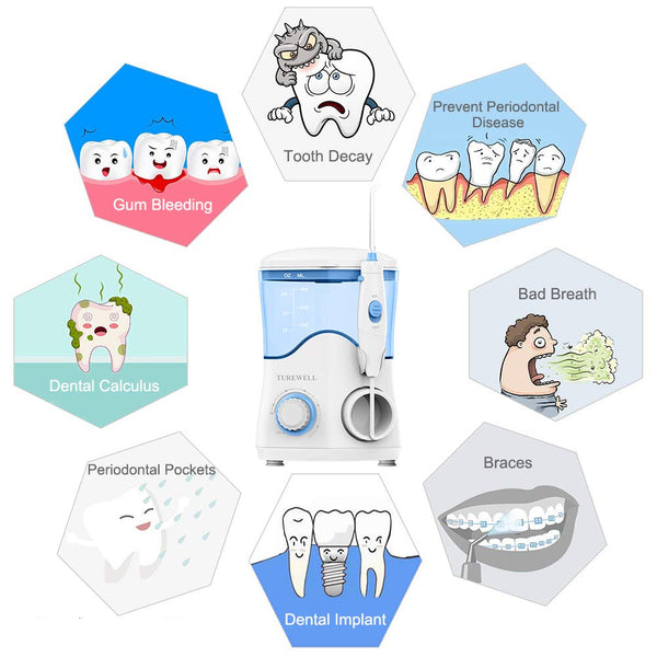 TUREWELL Water Flosser, Oral Irrigator 600ML, Dental Water Pick Teeth Cleaner 10 Adjustable Pressure, Electric Water Flossers for Teeth/Braces, 8 Water Jet Tips for Family